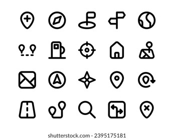 Estilo de esquema de conjunto de iconos de ubicación. Paquete de iconos de material de mapas en línea, Perfecto para sitios web, páginas de inicio, aplicaciones móviles y presentaciones. Adecuado para UI UX.