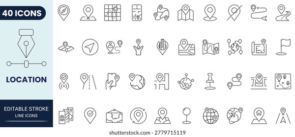 Location icon set in outline style. Containing location, navigation, map, gps, route, and direction icons. Editable stroke. Vector icon collection.