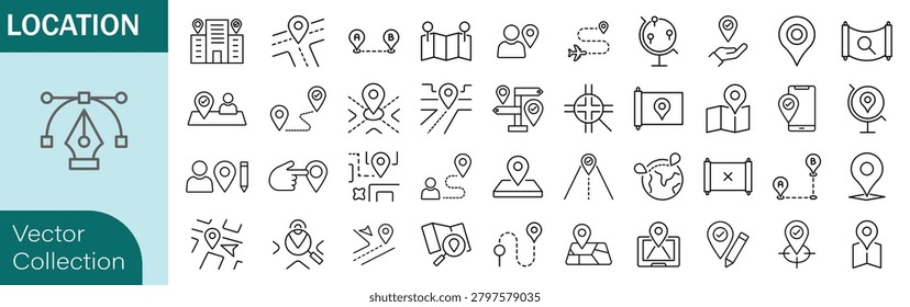  Location icon set in outline style. Containing location, navigation, map, gps, route, and direction icons. Editable stroke. Vector icon collection. 