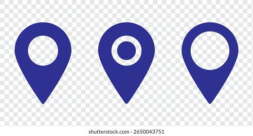 Standort-Symbolsatz. Pin-Symbol für Position. Kartensymbol. Positionszeiger-Symbol im flachen Stil. Pin-Symbol für Position, Navigationszeichen. Vektorgrafik.