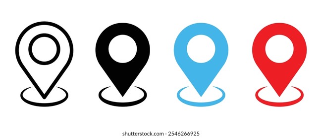 Conjunto de iconos de Locación, símbolo de icono de puntero de ubicación en estilo plano. Marcador de lugar de pin de mapa. Icono rojo del perno de la Locación, fondo blanco del Iniciar sesión de navegación.