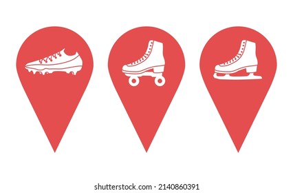 Location icon set. Pointers on the map. Pins pointing to a sports club, competitions, sports equipment store. Design elements for banner, games, mobile app, poster, website