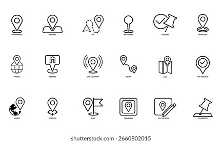 Location icon set. Location, push pin, map marker, geolocation, route, flag, location, GPS, address and more. Outline vector icons in linear style.