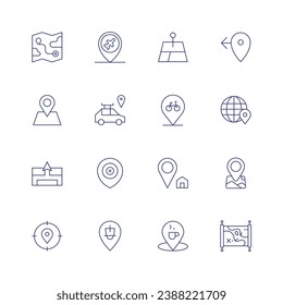 Location icon set. Thin line icon. Editable stroke. Containing previous location, globe grid, placeholder, map, gps, location, location pin.