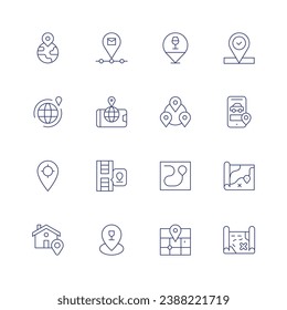 Location icon set. Thin line icon. Editable stroke. Containing verified, phone, map, geographical, around the world, tracking, location, locator, location pin, mobility.