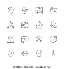 Conjunto de iconos de ubicación. Icono de línea delgada. Trazo editable. Conteniendo la ubicación del recurso compartido, el mapa, la tierra, el posicionamiento, el marcador de posición, la ubicación, el puntero del mapa, la distancia, el cruce.