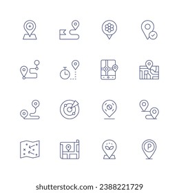 Conjunto de iconos de ubicación. Icono de línea delgada. Trazo editable. Conteniendo el pasador de localización, el mapa de la calle, la pista, el estacionamiento, la ubicación, la ruta, el mapa, el temporizador, el radar.