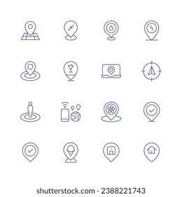 Location icon set. Thin line icon. Editable stroke. Containing location pin, compass, placeholder, position, person, check, location.