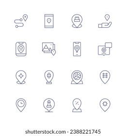 Location icon set. Thin line icon. Editable stroke. Containing share location, location, location pin, route, pin, arrival time.