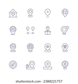 Location icon set. Thin line icon. Editable stroke. Containing location, location pin, architecture and city, library, shop, box.