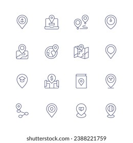 Location icon set. Thin line icon. Editable stroke. Containing location, location pin, placeholder, pin, route, map, place.