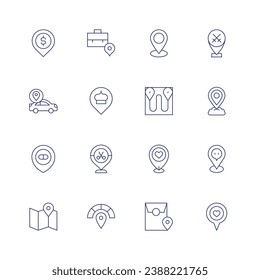 Conjunto de iconos de ubicación. Icono de línea delgada. Trazo editable. Contiene el pin de localización, el dinero, la ubicación, la farmacia, el mapa, el lugar, las ubicaciones.