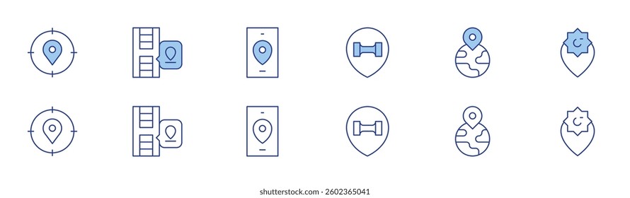 Location icon set in two styles, Duotone and Thin Line style. Editable stroke. geographical, location, location pin.