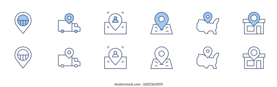 Location icon set in two styles, Duotone and Thin Line style. Editable stroke. delivery truck, united states of america, placeholder, location pin, store.