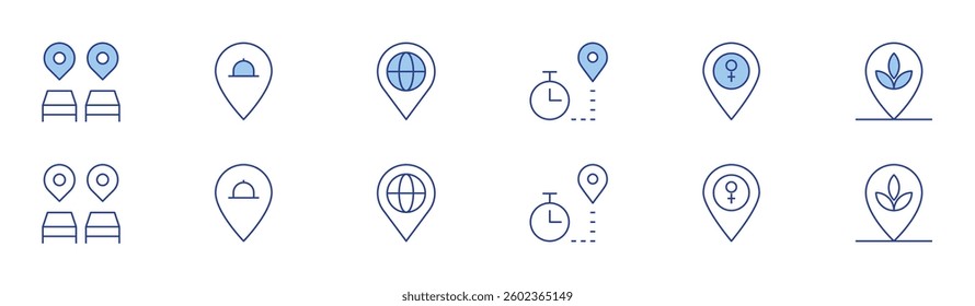 Location icon set in two styles, Duotone and Thin Line style. Editable stroke. placeholder, plant, restaurant, location, timer.