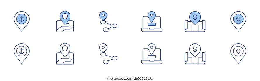 Location icon set in two styles, Duotone and Thin Line style. Editable stroke. placeholder, pin, route, location.
