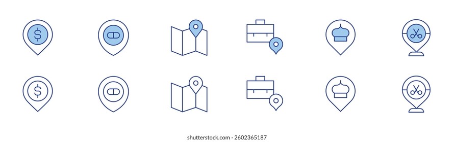 Location icon set in two styles, Duotone and Thin Line style. Editable stroke. money, pharmacy, map, location.
