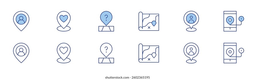 Location icon set in two styles, Duotone and Thin Line style. Editable stroke. map, location pin, placeholder, location, navigation.