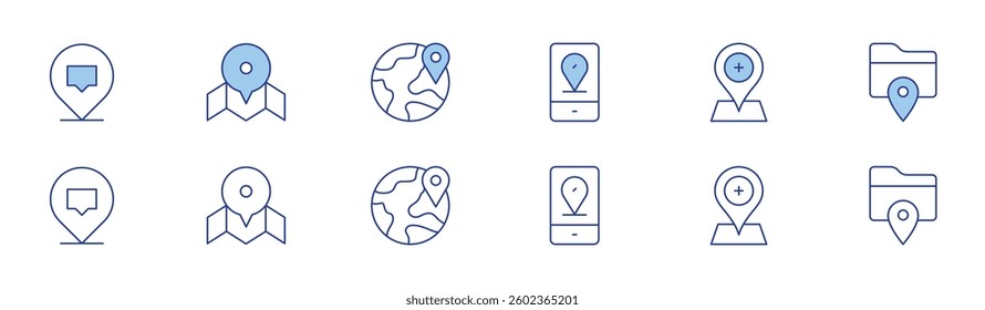 Location icon set in two styles, Duotone and Thin Line style. Editable stroke. map, earth, location, folder, location pin.