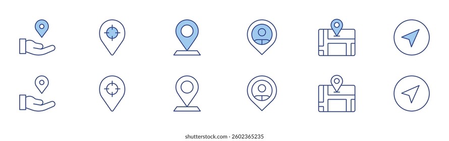 Location icon set in two styles, Duotone and Thin Line style. Editable stroke. location, share location, location pin, gps, navigator.