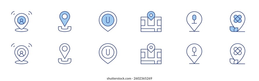 Location icon set in two styles, Duotone and Thin Line style. Editable stroke. location, location pin.
