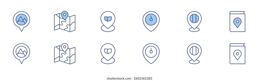 Location icon set in two styles, Duotone and Thin Line style. Editable stroke. location, location pin, mountain, map.