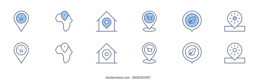 Location icon set in two styles, Duotone and Thin Line style. Editable stroke. location, architecture and city, shop, location pin.