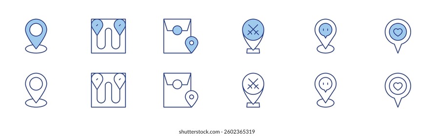 Location icon set in two styles, Duotone and Thin Line style. Editable stroke. location pin, place, map, location, locations.