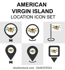 Conjunto de ícones de localização das Ilhas Virgens dos EUA com pinos com tema de bandeira, adequado para viagens ao Caribe, geografia e visuais de turismo.