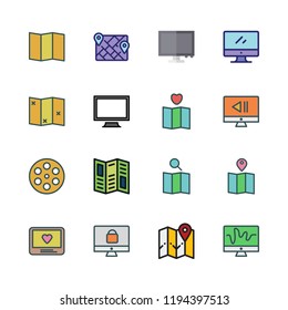 location icon set. vector set about map, film, road map and monitor icons set.