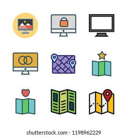 location icon set. vector set about monitor, map and road map icons set.