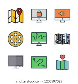 location icon set. vector set about map, film and monitor icons set.