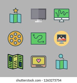 location icon set. vector set about map, road map, monitor and film icons set.