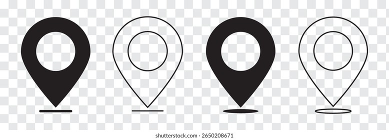 Symbol "Speicherort". Symbolsatz für Kartenstift. Standortsymbolvektor. Zielsymbol. Vektorgrafik einzeln auf weißem Hintergrund. 
