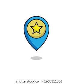 Location icon or symbol with star.blue map pin with star amd black outline.cartoon style.