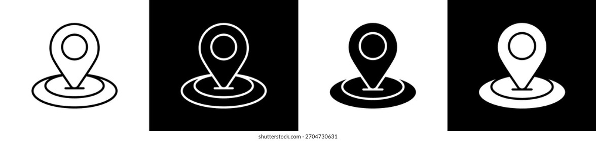 Variaciones de íconos de Locación en estilo de línea y glifo sobre fondo blanco y negro