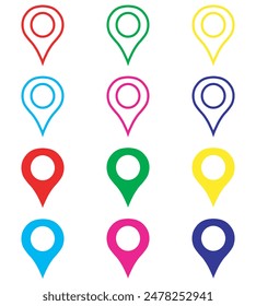 Vector de icono de Locación. Símbolo de signo de pin en estilo plano de moda. Establecer Elementos en iconos de colores. Ilustración del Vector del puntero aislado sobre fondo blanco