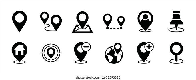 Location icon vector set. Contains map pin, route, GPS, distance, you are here, place marker, direction, target, house or home address, add, delete, pointer, position, geolocation. Illustration