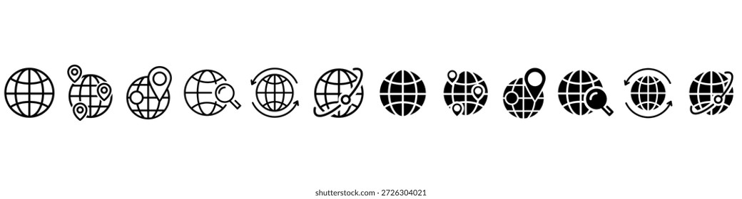 Standort-Symbol, Vektorsatz. Route, Illustrationszeichensammlung.  Symbol "Flüge". Globus-Logo.