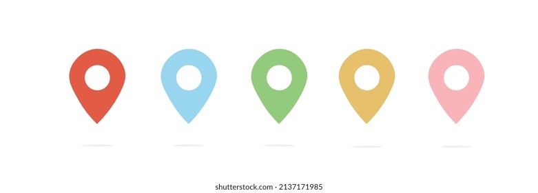 Location icon for websites on a white background in different colors with a shadow below, illustration for commercial use.