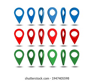 Iconos de ubicación 3D conjunto grande.Puntero de mapa. Símbolos de posición rojo, verde, azul conjunto de símbolos de posición aislados en fondo blanco. punto de ubicación web, puntero 3d ,marcador,logotipo de ubicación