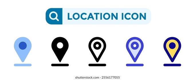 Location icons in 5 different vector illustration styles. Settings icons in flat, solid, line, blue and color styles. Vector illustrations can be used for web, mobile, ui