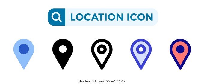 Location icons in 5 different vector illustration styles. Settings icons in flat, solid, line, blue and color styles. Vector illustrations can be used for web, mobile, ui
