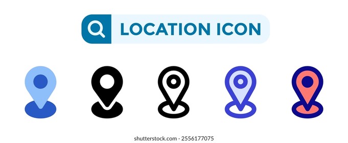 Location icons in 5 different vector illustration styles. Settings icons in flat, solid, line, blue and color styles. Vector illustrations can be used for web, mobile, ui