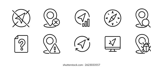 Location icons collection: gps, compass, navigation symbols. Vector outline icons