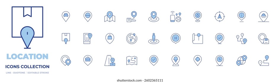 Location icons collection. Line Duotone style, editable stroke. world, location, placeholder, person, car, check, location pin, distance, compass, itinerary, target.