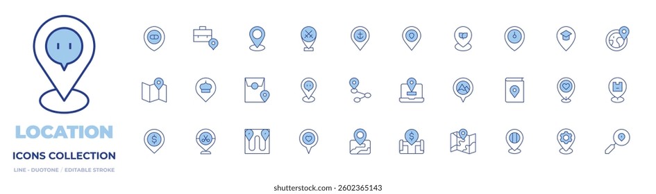 Location icons collection. Line Duotone style, editable stroke. location pin, money, placeholder, pin, pharmacy, map, route, place, location, locations, mountain.
