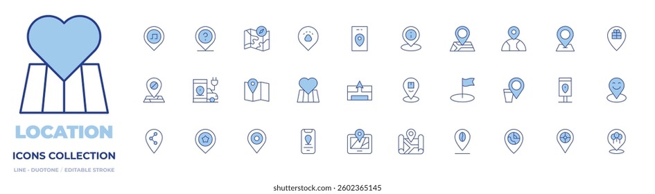 Location icons collection. Line Duotone style, editable stroke. location pin, location mark, location, locate, map, placeholder, information, route, place, gps.