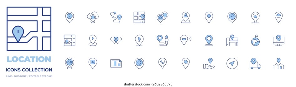 Location icons collection. Line Duotone style, editable stroke. park, map, share location pin, gps, delivery, navigator.