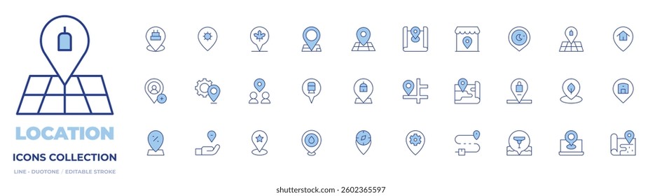Location icons collection. Line Duotone style, editable stroke. map, pin, map, position, meeting point, route, add location.